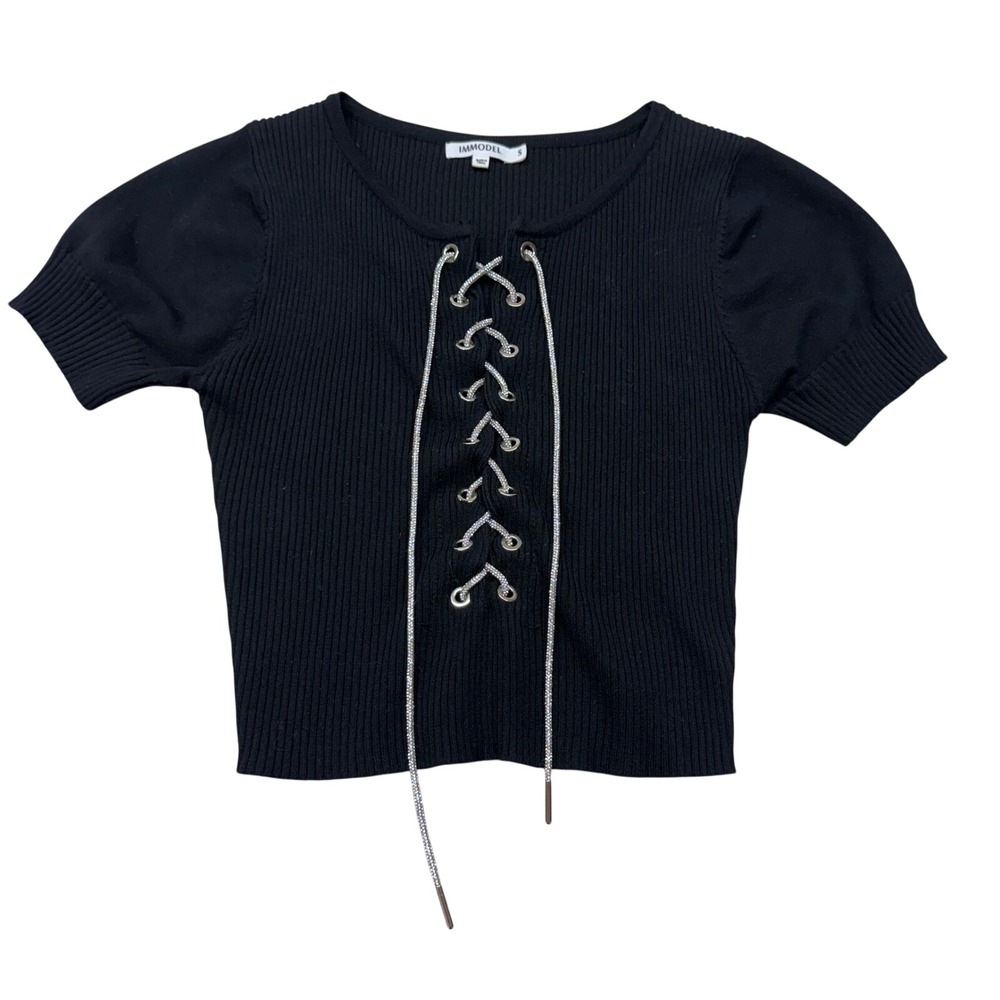IMMODEL Womens Black Ribbed Lace Up Rhinestone Crop Top Short Sleeve SW-474 S